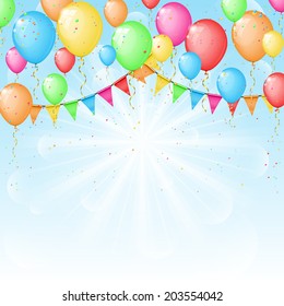 Sunny background with color balloons and flags. Festive vector background with a garland from tags and confetti and color balloons.