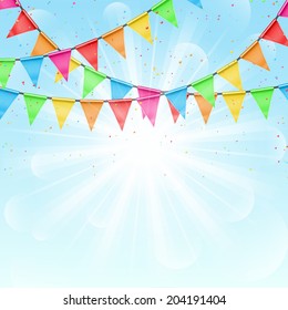 Sunny background with color flags. Festive background with a garland from tags and confetti