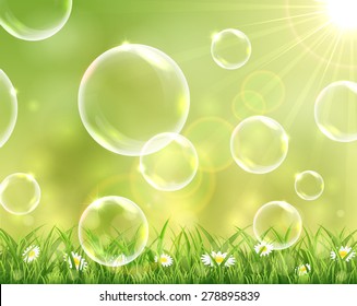 Sunny background with flying bubbles above the grass and flowers, illustration.