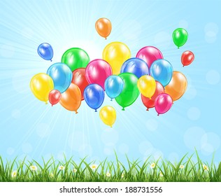 Sunny background and flying colored balloons, illustration.