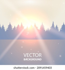 Sunny background with forest. Sunbeams on the background of the winter forest. Festive background for Christmas.
