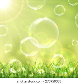 Sunny background with grass and bubbles, illustration.
