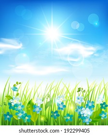 Sonniger Hintergrund mit Gras und Blumen. Vektor eps10.