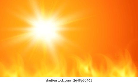Sunny background, orange sun with fire flames and lens flare, hot weather concept, vector hot summer background illustration.