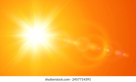 Fondo soleado, sol naranja con destello de lente, concepto de Clima caliente, ilustración de fondo de verano de Vector.