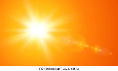 Sunny background, orange sun with lens flare, hot weather concept, vector summer background illustration.