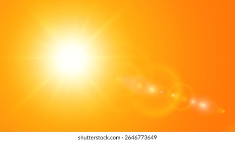 Sunny background, orange sun with lens flare, hot weather concept, vector summer background illustration.