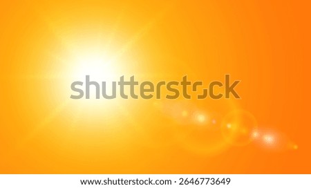 Sunny background, orange sun with lens flare, hot weather concept, vector summer background illustration.