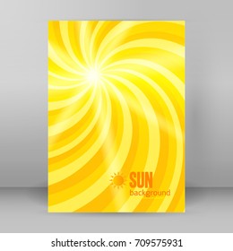 Sunny background with orange yellow rays summer sun light burst. Hot swirl with space for your message. Illustration for design presentation, brochure layout page, cover book & magazine
