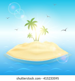 Sunny background with palm trees on sandy island in ocean, illustration.
