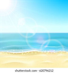 Sunny background with sandy beach and sparkling ocean or sea, illustration.
