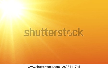 Sunny background, sun with glare on yellow sky, Оrange yellow background.  Bright warm sun and lens flare in clear summer sky, sunlight with sunshine glare rays. Vector.