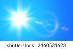 Sunny background, sun with lens flare on blue sky, hot weather concept, vector summer background illustration.