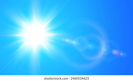 Sunny background, sun with lens flare on blue sky, hot weather concept, vector summer background illustration.