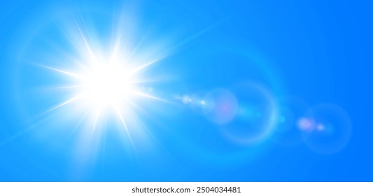 Sunny background, sun with lens flare on blue sky, hot weather concept, vector summer background illustration.