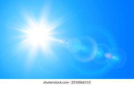 Zonnige achtergrond, zon met lens flare op blauwe hemel, warm weerconcept, vector zomer achtergrond illustratie.