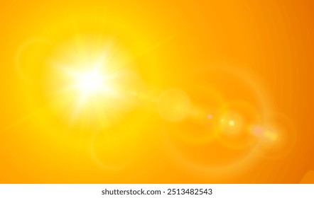 Fondo soleado, sol con destello de lente, concepto de Clima caliente, ilustración de fondo de verano de Vector.