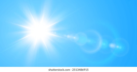 Fundo ensolarado, sol com brilho de lente no céu azul, conceito de tempo quente, ilustração de fundo de verão vetorial.