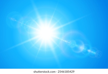 Fundo ensolarado, sol com brilho de lente no céu azul, conceito de tempo quente, ilustração de fundo de verão vetorial.