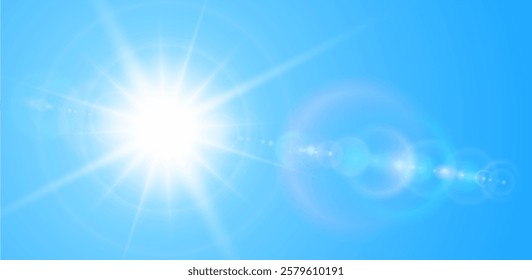 Sunny background, sun with lens flare on blue sky, hot weather concept, vector summer background illustration.