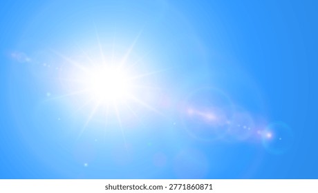 Sunny background, sun with lens flare on blue sky, hot weather concept, vector summer background illustration.