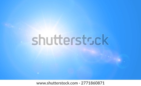 Sunny background, sun with lens flare on blue sky, hot weather concept, vector summer background illustration.