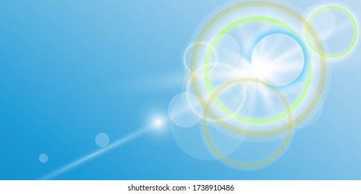 Sunny background. Sunlight on a blue background. White bright glowing light effect. A flash of sunlight. Magic banner. Sun with rays. Vector illustration.