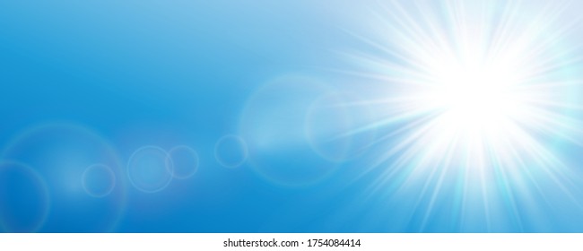 Sunny background. Sunlight on a blue background. White bright glowing light effect. A flash of sunlight. Magic banner. Sun with rays. Vector illustration.