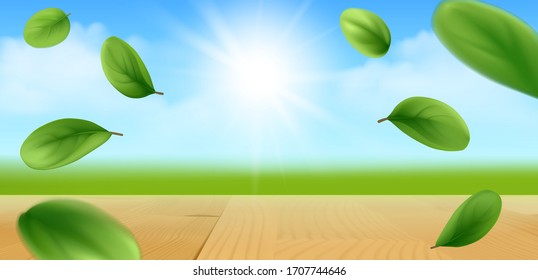 Sunny background with wooden tabletop, green field, flying leaves of marjoram and blue sky with sun. Vector illustration.