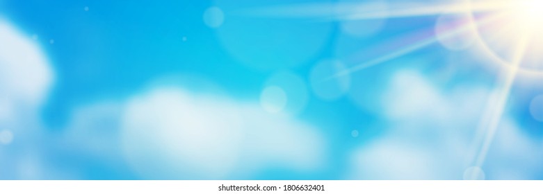 Fondo soleado. cielo azul con nubes blancas y sol. Ilustración vectorial realista.