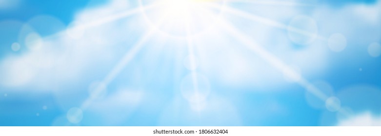 Sunny background.blue sky with white clouds and sun. Realistic vector illustration.