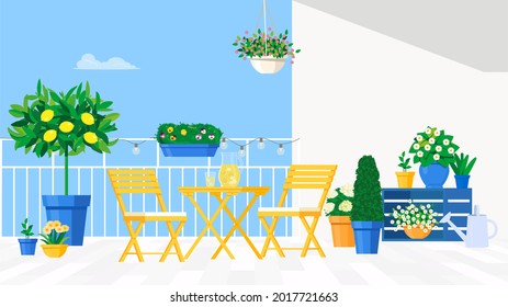 Sunny balcony with yellow garden furniture