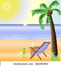a sunny beach with a bright sun and a beautiful palm tree