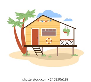 A sunny beach cabin on stilts adorned with party flags, nestled under palm trees. Vector illustration of a tropical getaway.