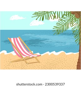 Sunny beach with deck chair cartoon vector