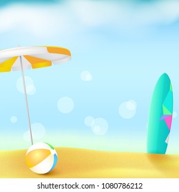 Sunny beach with Golden sand and blue sky. Summer background with sun umbrella, inflatable ball and surfboard. Template for touristic events, travel agency actions, action of sales.