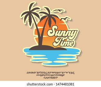 Sunny Beach. Hand made script font. Vacation summer time. Waikiki beach. Vector illustration. Retro typeface and logo. Summer style.