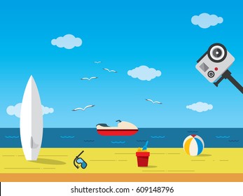sunny beach landscape action cam shooting with bright sky, surf board, ball, boat, snorkel and sand pot 