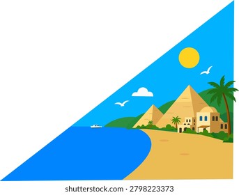 Sunny beach landscape in Egypt with pyramids, palm trees, desert architecture and Red Sea coastline. Summer travel destination with iconic Egyptian landmarks. Flat vector illustration with copy space for tourism, vacation and travel design.