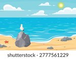 Sunny beach landscape with a seagull perched on a rock. A vibrant flat-style vector illustration of a peaceful ocean shore featuring blue waves, a sandy beach with a starfish, scattered rocks, and a bright sun in a cloudy sky.
