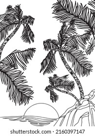 sunny beach with palm trees and ocean, seaside vacation, travel illustration coloring book
