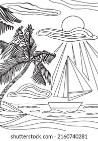 sunny beach with palm trees and ocean, vacation at sea, travel by ship with sails illustration coloring book