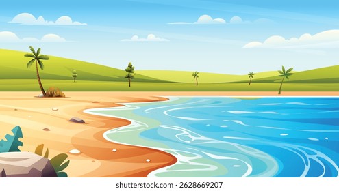 Sunny beach with palm trees, sand, and blue ocean on a sunny day. Vector cartoon illustration