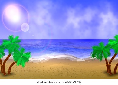 Sunny beach with palm trees. Summer background. Vector
