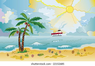 Sunny beach with palms and shells
