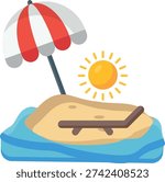 A sunny beach scene featuring a bright sun and a colorful umbrella providing shade on the sand.