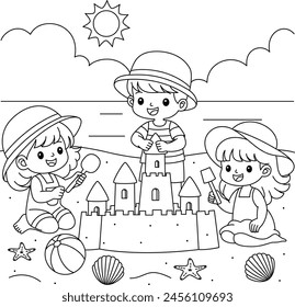 Sunny beach scene with kids building sandcastles coloring page. Summer vector illustration 