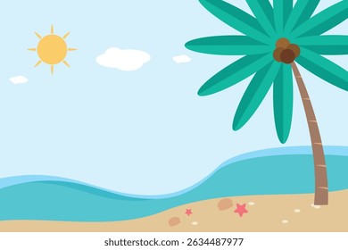 Sunny Beach Scene Palm Tree, Ocean Waves, and Summer Sun Illustration