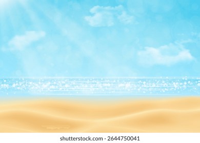 Sunny beach scene with soft sand, sparkling blue ocean, clear sky. Sea coast with sunny sky and clouds. Vector illustration