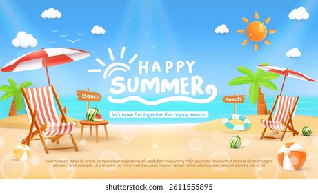 Sunny beach scene with striped chairs, umbrellas, tropical plants, and a bright sky. Suggests relaxation, vacation, and summer enjoyment by the seaside, invoking a cheerful and fun holiday atmosphere.